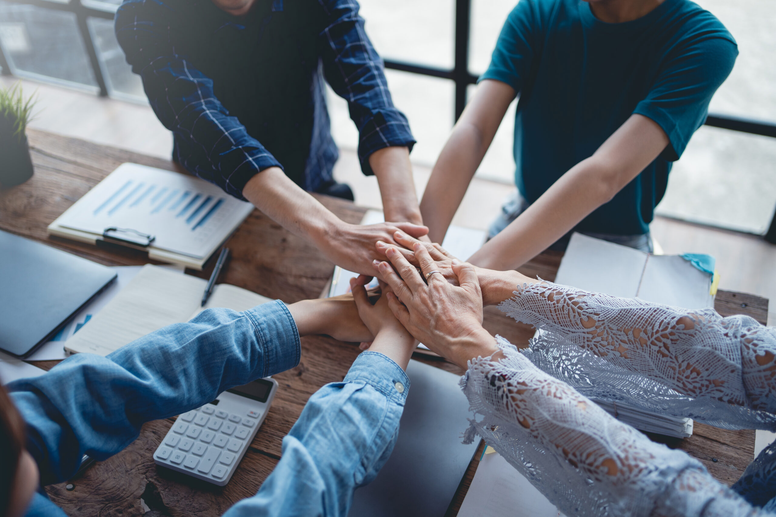 Young entrepreneurs work as a team meeting and work together on a new project that emphasizes unity and fist-pumping teamwork as a promise of unity in the workplace.